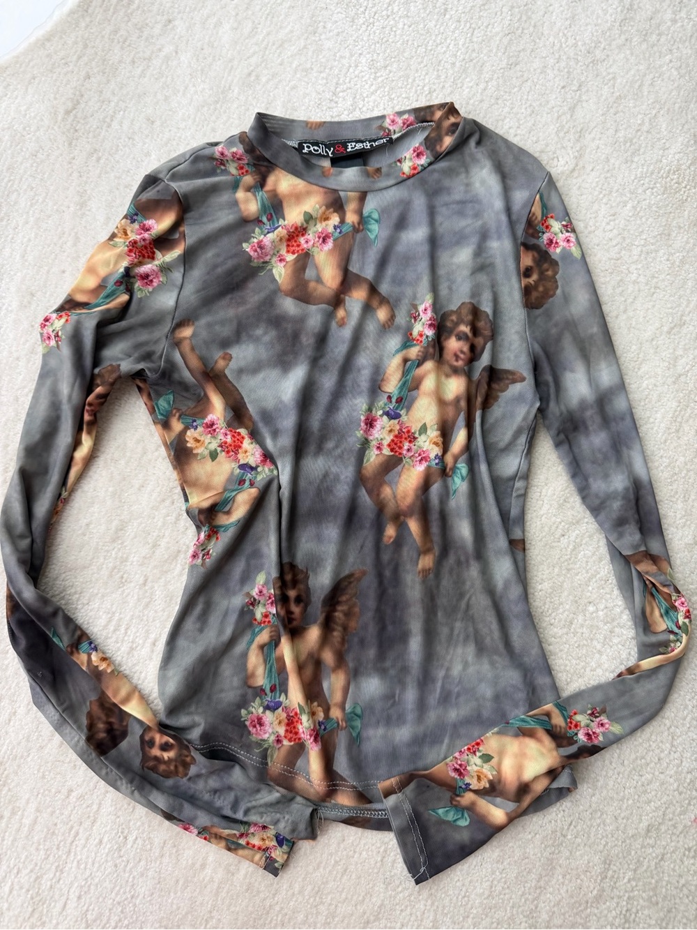 Polly & Esther Gray Cherub Sheer Angel Amur Long-Sleeve Women's Top